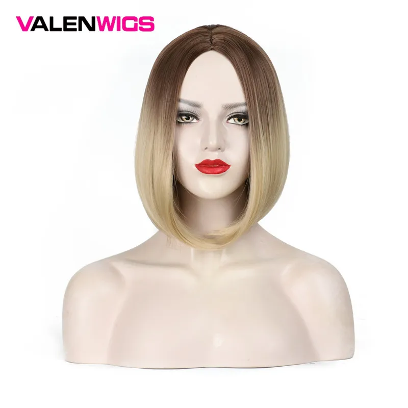 

Valenwigs Synthetic Hair Short Bob Wigs Middle Part Ombre Color Two Tones Brown To Blonde Wigs Natural Straight Style For Women