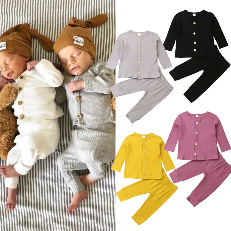 Осенняя одежда для маленьких мальчиков и девочек трикотажные топы с длинными рукавами, закрытые футболки на пуговицах однотонные штаны комплект хлопковой одежды