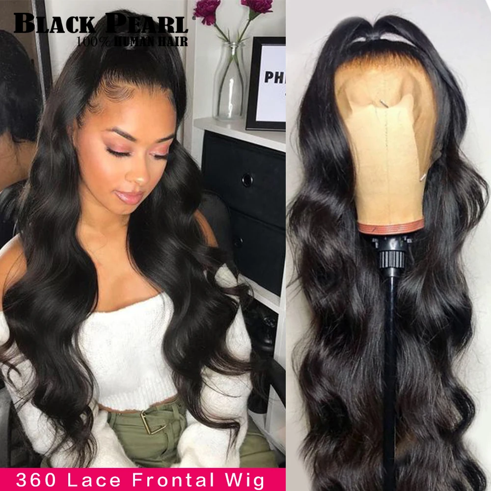 Perla Negro brasileño de la onda del cuerpo 360 peluca Frontal de encaje Pre arrancó cabello humano pelucas 30 pulgadas peluca con malla Frontal para las mujeres 150%