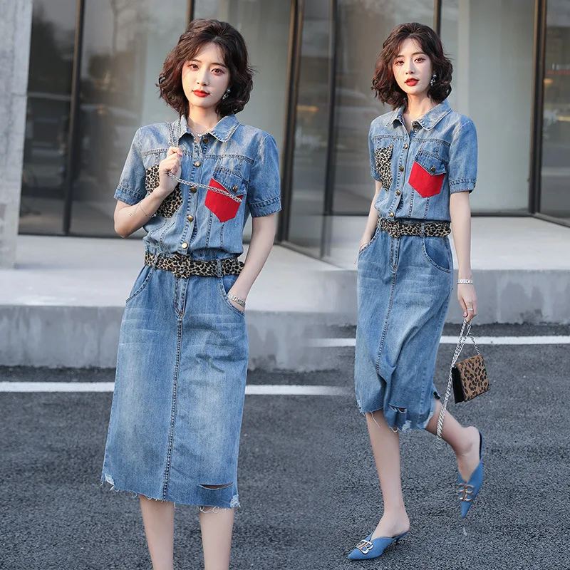 

Dress Leopord Pattern Street Polo Collar High-waisted Pullover One-Piece Europe And America One-step Skirt 2019 Summer Short-sle