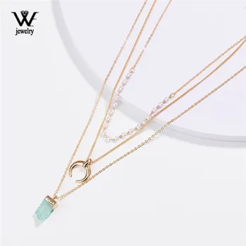 

WE Handgemachte Perlenkette Grüner Randstein Legierung Anhänger Halskette Bamboo chain Moon necklace alloy fashion wedding