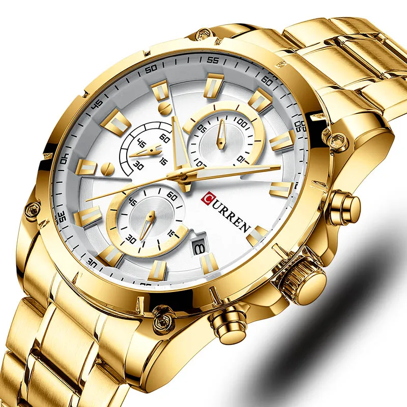 gold white CURREN Синий циферблат Мужские часы Хронограф Мужские спортивные часы Креативный дизайн с датами мужские наручные часы из нержавеющей стали - Цвет: gold white
