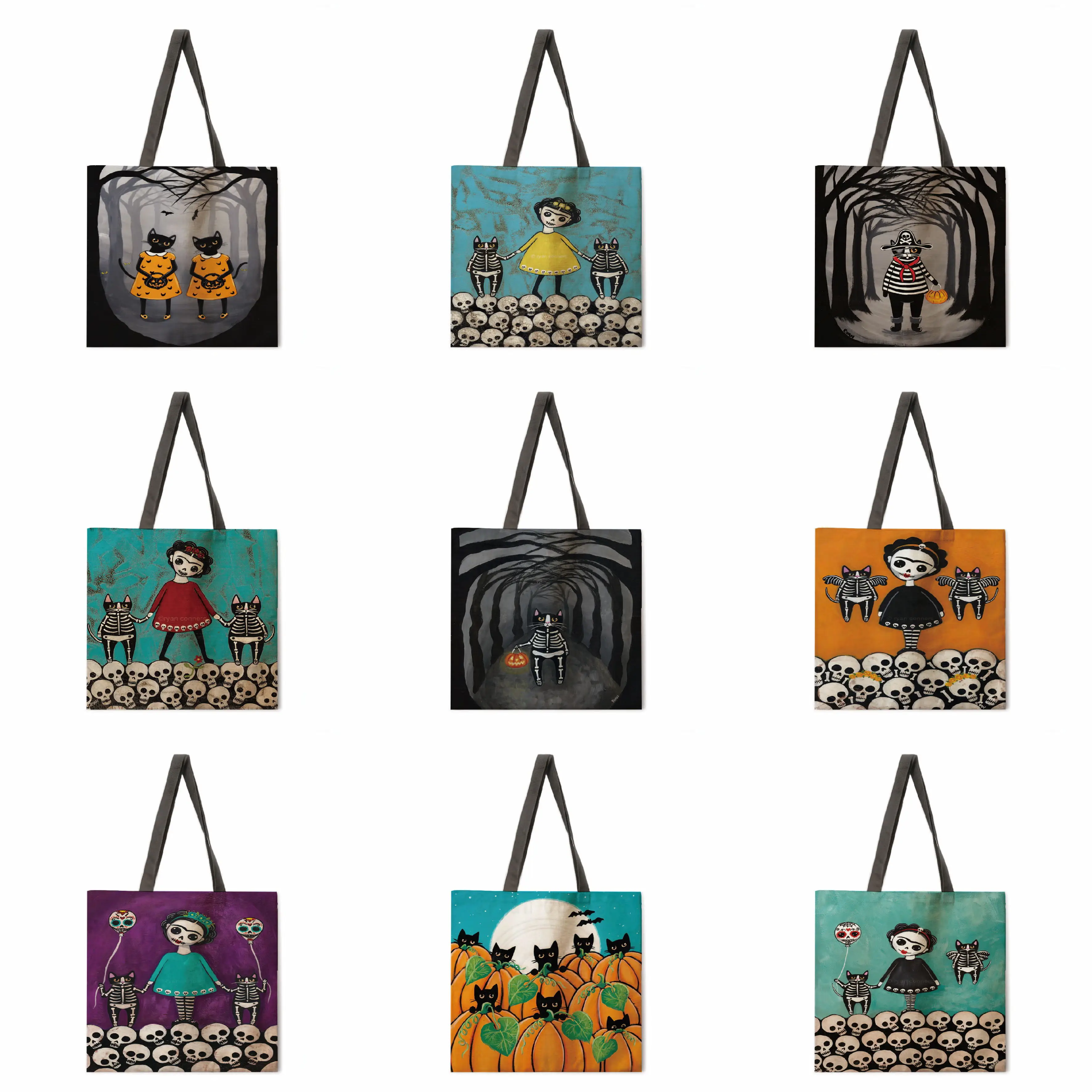 

Pumpkin Skull Cat Lady Printed Handbag Lady Linen Bag Lady Shoulder Bag Outdoor Handbag Foldable Shopping Bag