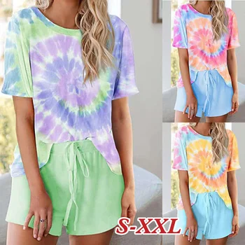 

Women's Pajamas Set Tie Dye Short Sleeve Two-Piece Nightwear Top and Shorts Set