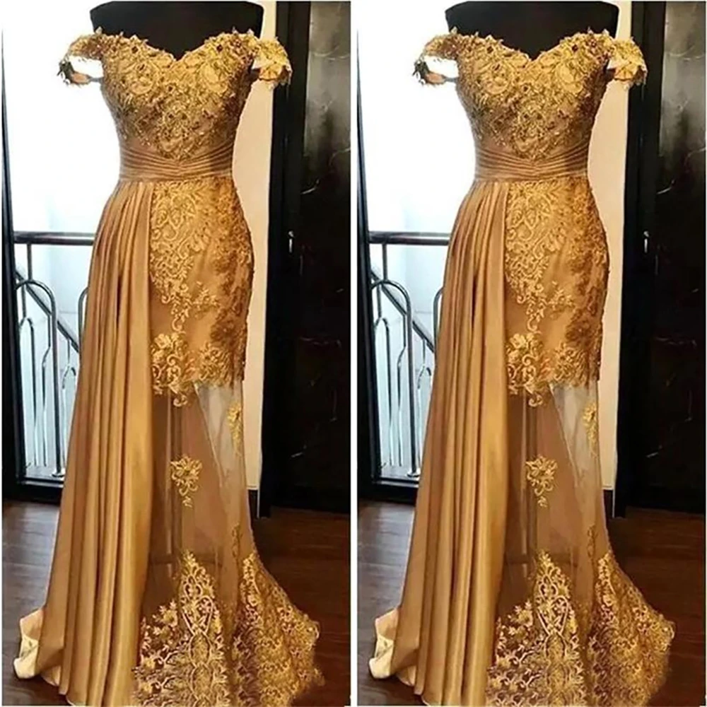 New Backless Formal Dresses Evening Dress Gold Illusion Off-Shoulder Sleeveless Elastic Satin Tulle Prom Party Gown Applique | Свадьбы и