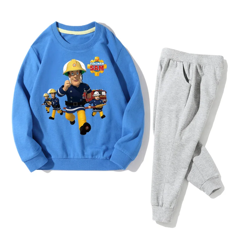 Детские осенние спортивные костюмы, комплекты одежды с принтом пожарного Сэма, пуловер для мальчиков и девочек, пальто+ штаны, комплект одежды из 2 предметов, JZ065