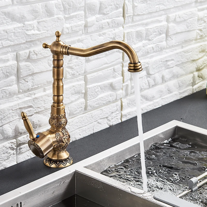 Basin Faucet Bathroom Faucet Rozin Antique Brass Basin Faucet Long nose Spout Flower Carved Wash Sink Tap 360 Rotation Single Handle Mixer Tap Torneiras