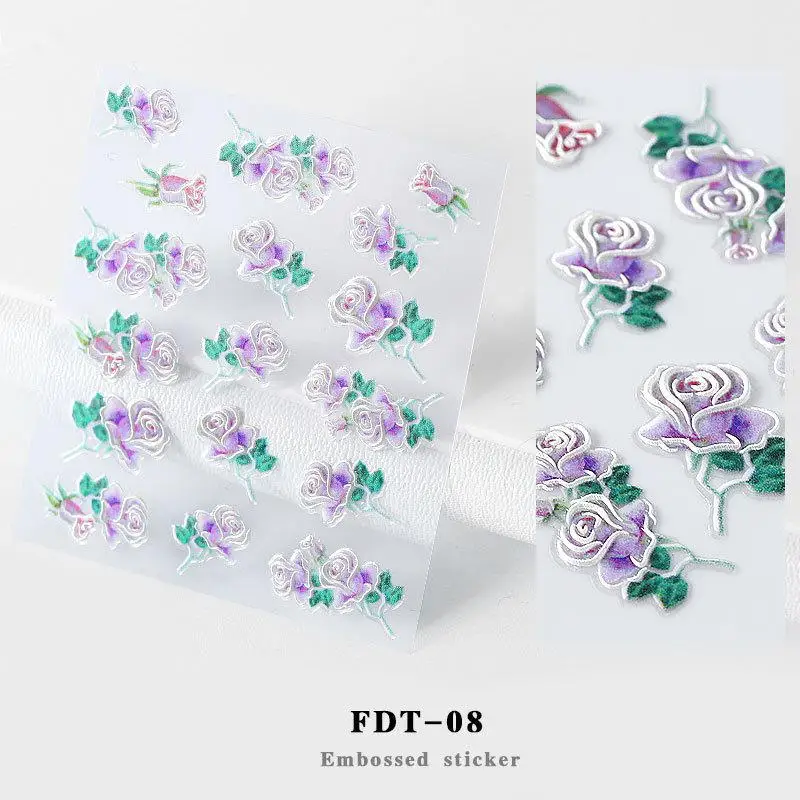 FDT08 MeterMall 5D Acrylic Engraved Flower Adhesive Nail Sticker Embossed Flower Decals Nail Accessories - Цвет: FDT08