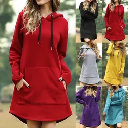 Outono feminino solto longo hoodie sólido moletom hoodies oversized pulôver bolso casual cordão manga comprida vestido feminino