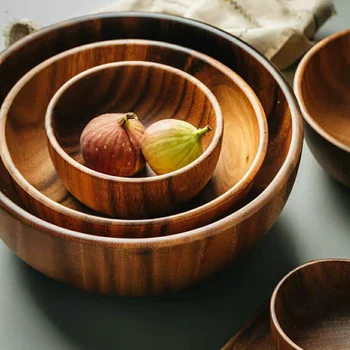 

3 size unpainted natural acacia wooden bowl salad soup fruit container wooden tray kitchen utensils tableware