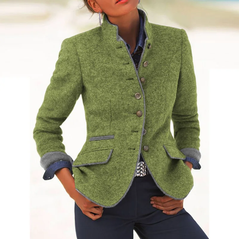 

Ladies Chic Retro Coat Solid Color Stand Collar Button Jackets Elegant Casual Winter Outwear Office Tops Women Slim Clothing2020