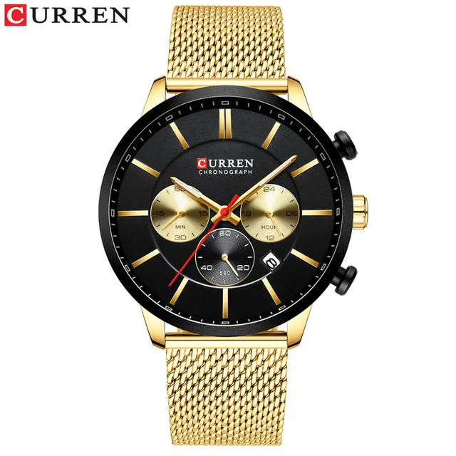 gold black Curren Роскошные, брендовые модные кварцевые часы мужские s Часы повседневные спортивные наручные мужские часы с хронографом и наручные часы с отметкой даты со стальной сеткой - Цвет: gold black