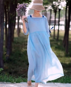 blue with slip dress Осенняя художественная сказочная модель, чистое голубое платье с вышивкой, легкое тонкое платье 190728 - Цвет: blue with slip dress