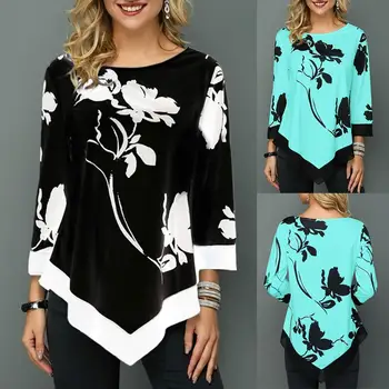 

2020 Chic Women Lady Autumn Winter O Neck 3/4 Sleeve Irregular Hem Floral Print Plus Size Blouse