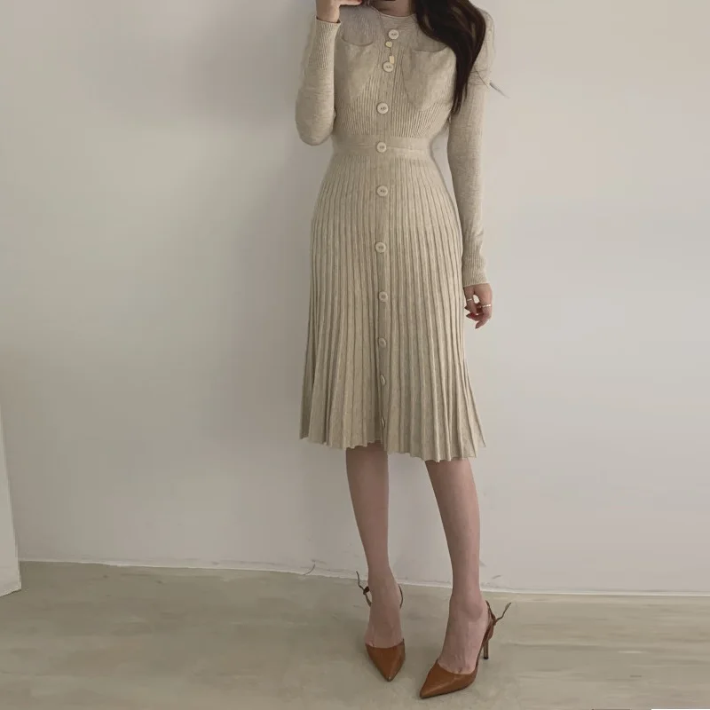 

Autumn Winter Women Warm Knitted Dress Turtleneck Sweater Dresses Lady Slim Bodycon Long Sleeve Button Bottoming Dress Vestidos