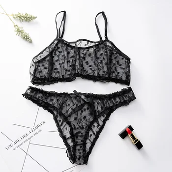 

New Sexy Lingerie Underwear Polka Dot Mesh Frill Trim Lace Lingerie Set Top Lace Invisible Transparent Women Bras