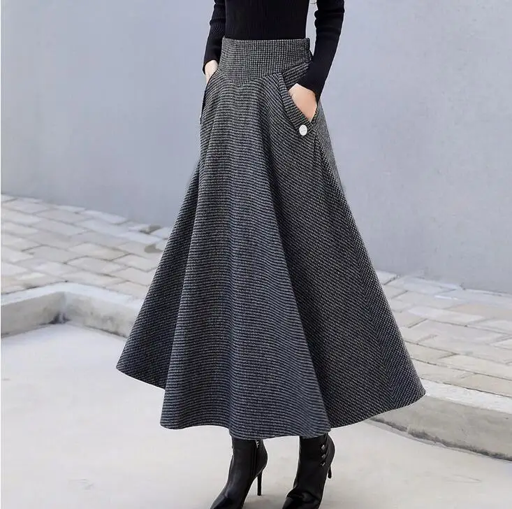 gray plaid Клетчатая Шерстяная Женская юбка с высокой талией в стиле ретро, зима, модная теплая Зимняя шерстяная плиссированная юбка макси для офиса, Femme Saia Longa - Цвет: gray plaid