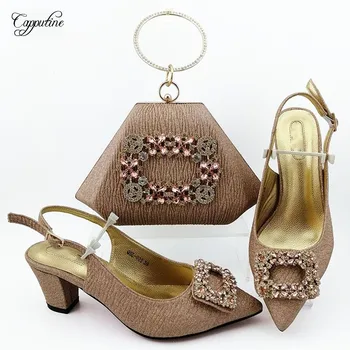

Excellent Champagne Color Evening Party Pointed Toe Shoes And Handbag sets For Party QSL025, Heel Height 7CM