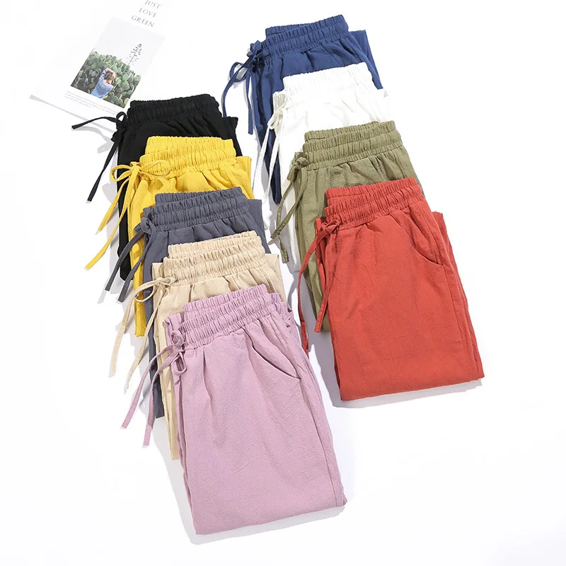 Spring Cotton Linen Pants Plus Size Loose Women Ankle Length Harem Pants Pocket Elastic High Waist Casual Trousers Orange Black