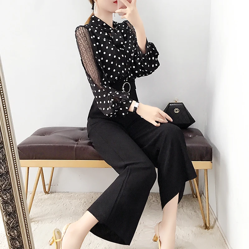 

Wave Point 2 Piece Set Women Pant And Top Polka Dot Women Two Piece Outfits Office Lady Women's Suit Ensemble Femme Deux Pieces