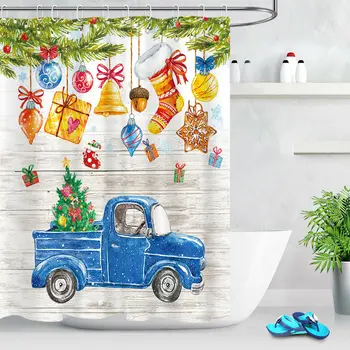 

Fabric Shower Curtain Set Blue Truck Christmas Ball Bell Gifts Bathroom Decor