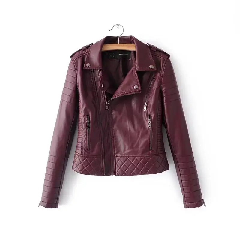 FMFSSOM Women's Leather Jacket Motorcycle Long Sleeve Zipper Soft Faux Leather Jackets White Ladies Female Coats Outerwear - Цвет: Burgundy