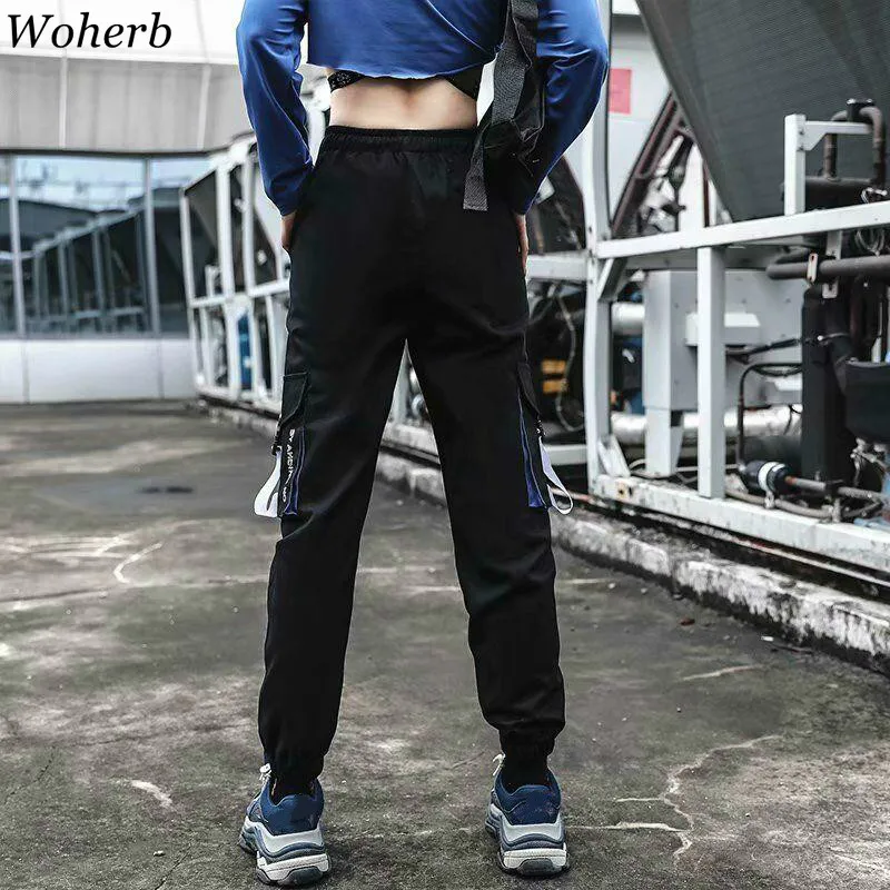 Woherb, Новое поступление, брюки-карго с карманами и высокой талией, Harajuku, повседневные свободные длинные брюки, корейский стиль, универсальная уличная одежда 91109