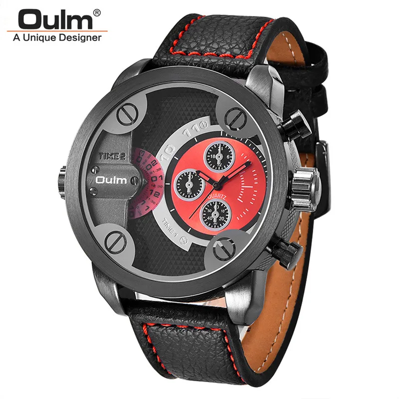 Oulm, красные военные часы, мужские роскошные брендовые кожаные кварцевые наручные часы с большим циферблатом, мужские часы с двумя часовыми поясами - Цвет: black red