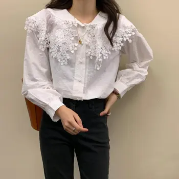 

HziriP Korean Gentle Stylish Lace Patchwork 2020 Loose White Blouses Chic Women Girls Office Lady Brief Casual All-Match Shirts