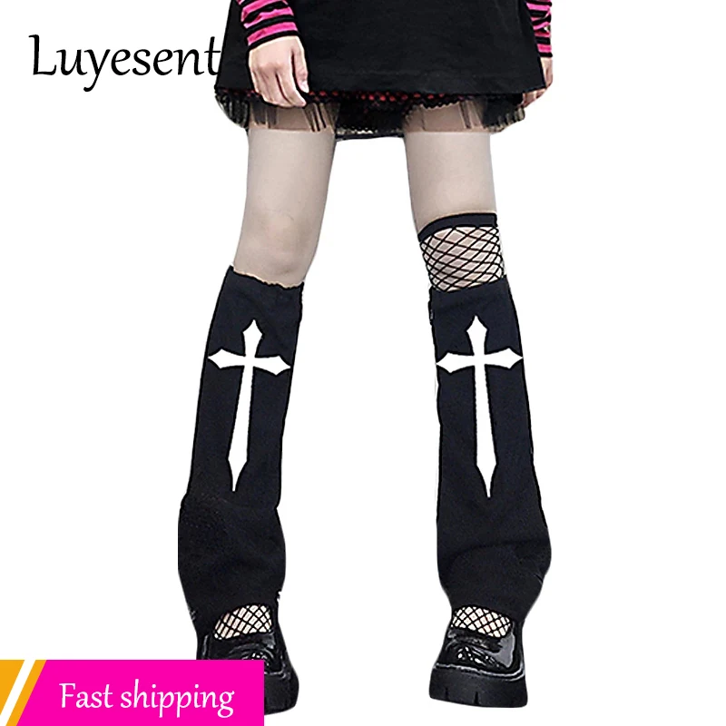 DarkGothicLadyCrossPrintLegWarmerBlackJkStudentSockWideLeg
