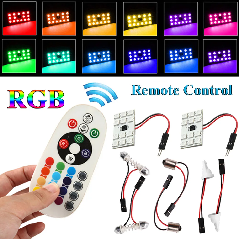 

360 Degree Beam 16 Static Colors Remote Control 2PCS T10 5050 12 SMD RGB Car Roof Dome Reading LED Light Lamp Bulb Wholesale CSV