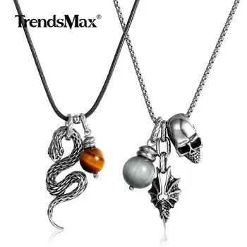 

2mm Stainless Steel Box Chain Skull Snake Pendant Statement Necklace for Men Women Eagle Tiger Eye Bead Fashion Chain TNS010