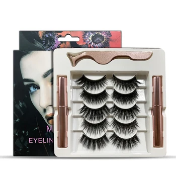 

5 Pairs Magnetic Eyelashes natural 3D Mink False Eyelashes Liquid Eyeliner & Tweezer Set & Waterproof Eyeliner