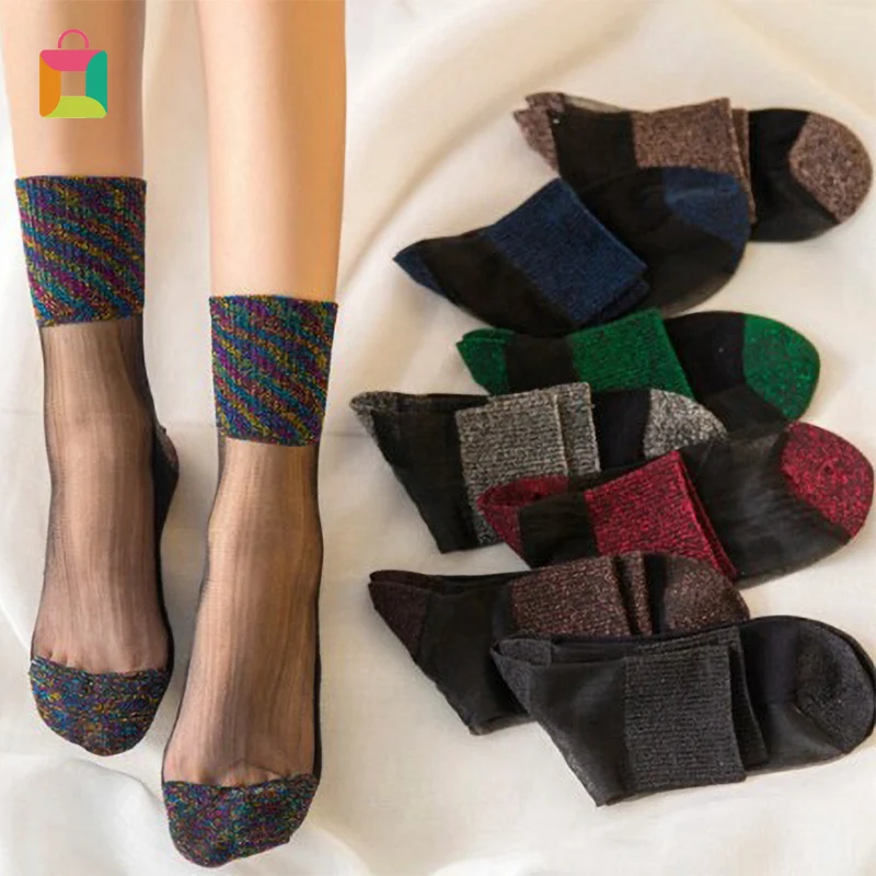 

Women's socks stitching transparent socks crystal socks elastic ultra-thin high elastic skin color nylon socks fashion Glittery