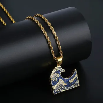 

Micro Paved AAA+ Cubic Zirconia Bling Iced Out Miura Kanagawa Wave Pendants Necklace for Men Hip Hop Rapper Jewelry
