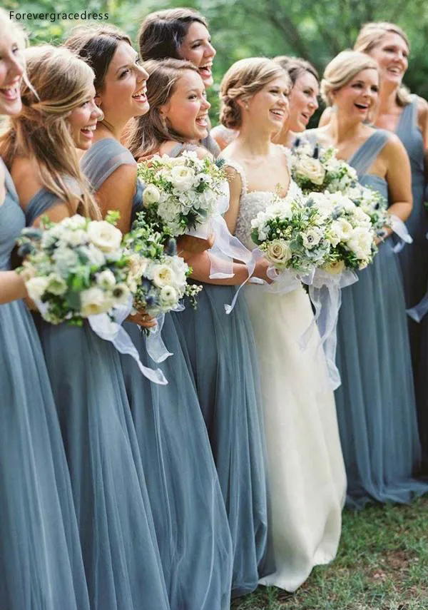 Light Blue Tulle Bridesmaid Dresses for Summer Garden Weddings 2018 Floor Length Maid of Honor Gowns with Sash A Line Square Neckline  89 (3)