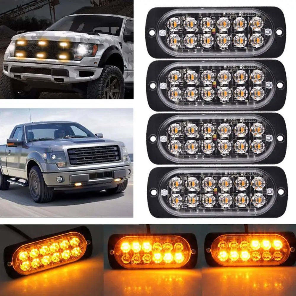 

4PCS DC12-24V 36W Yellow 12 LED Car Truck Motorcycle Emergency Beacon Warning Hazard Flash Strobe Underbody Turn Light Bar