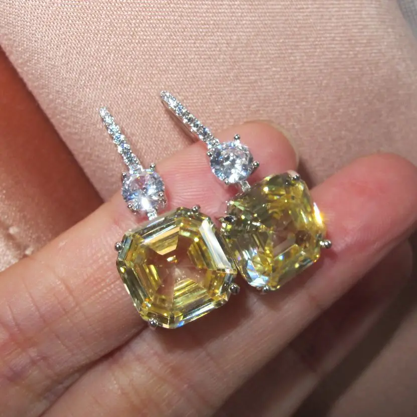 Серебро 925 ювелирные изделия серьги желтый квадратный Лаборатория алмаз цитрин