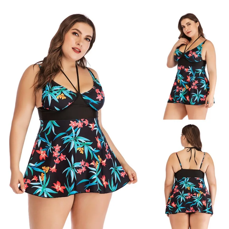 Women Plus Size Swimwear Summer Vintage Floral Print Halter Neck Two Piece Tankini Set Sexy Push Up Female Swimdress Beachwear |