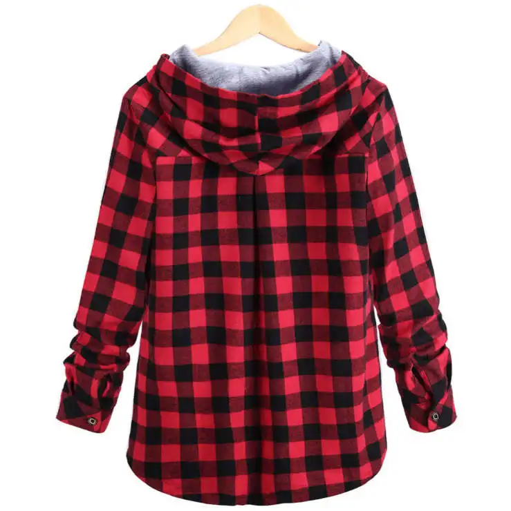 Goede Hzijue Vrouwen Toevallige Rode Plaid Shirt Hooded Lange Mouwen Engeland Shirt Tops Mannen Harajuku Zwarte Geruite Blouse Paar Kleren