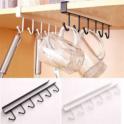 

6 Hooks Cup Holder Hang Kitchen Cabinet Under Shelf Storage Rack Organiser Hook