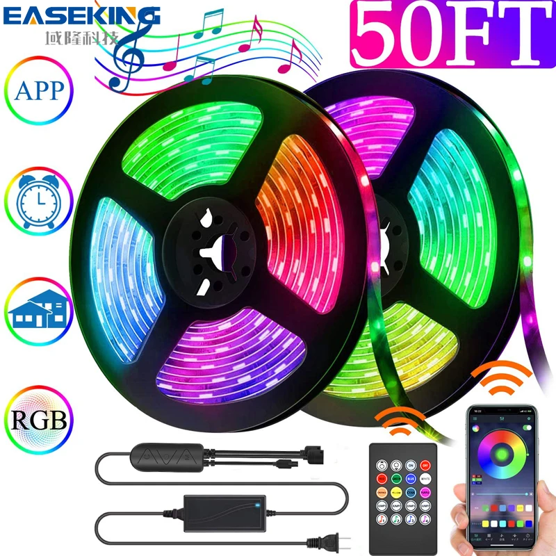 15M LED Strip Light RGB 5050 Lights Music Sync Color Changing Sensitive Built-in Mic App Controlled LED Lights Rope Lights