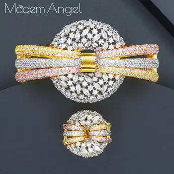 

ModemAngel Luxury Spring Jewelry Sets For Women Wedding Zircon Crystal CZ Qatar Bridal Bangle Ring Sets aretes de mujer modernos