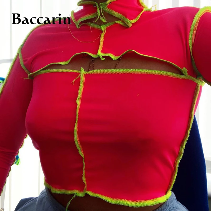 

Baccarin Hollow Out Patchwork Women T Shirt Crop Top Long Sleeve Turtleneck Pin Bodycon Sexy Streetwear 2020 Autumn Winter Club