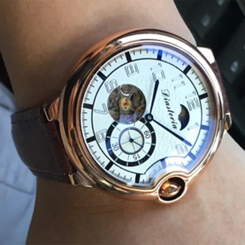 Модные мужские часы со скелетом, Топ бренд класса люкс, Moon Phase Tourbillon, Мужские автоматические механические часы из натуральной кожи, водонепроницаемые