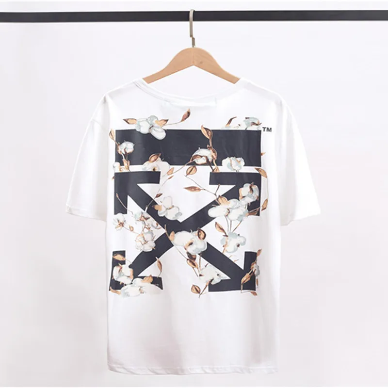 

Europe And America off Ow White Short Sleeve T-shirt Summer European Version of the Large Size Flower Arrowhead Men And Women Co