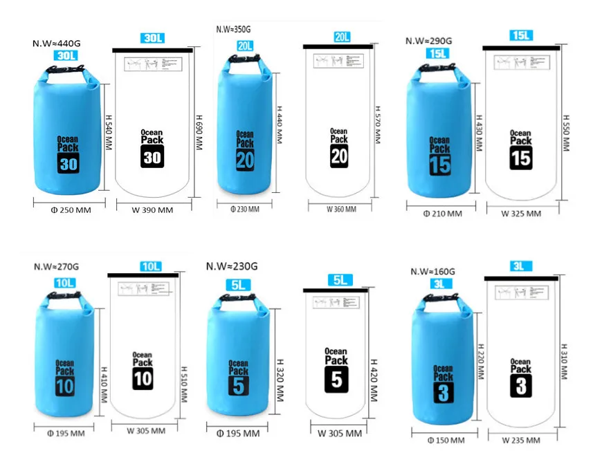 ПВХ Водонепроницаемый сухой мешок 3L 5L 10L 15L 20L 30L Открытый Дайвинг Складная пляжная сумка для плавания рафтинг речной плавающий рюкзак