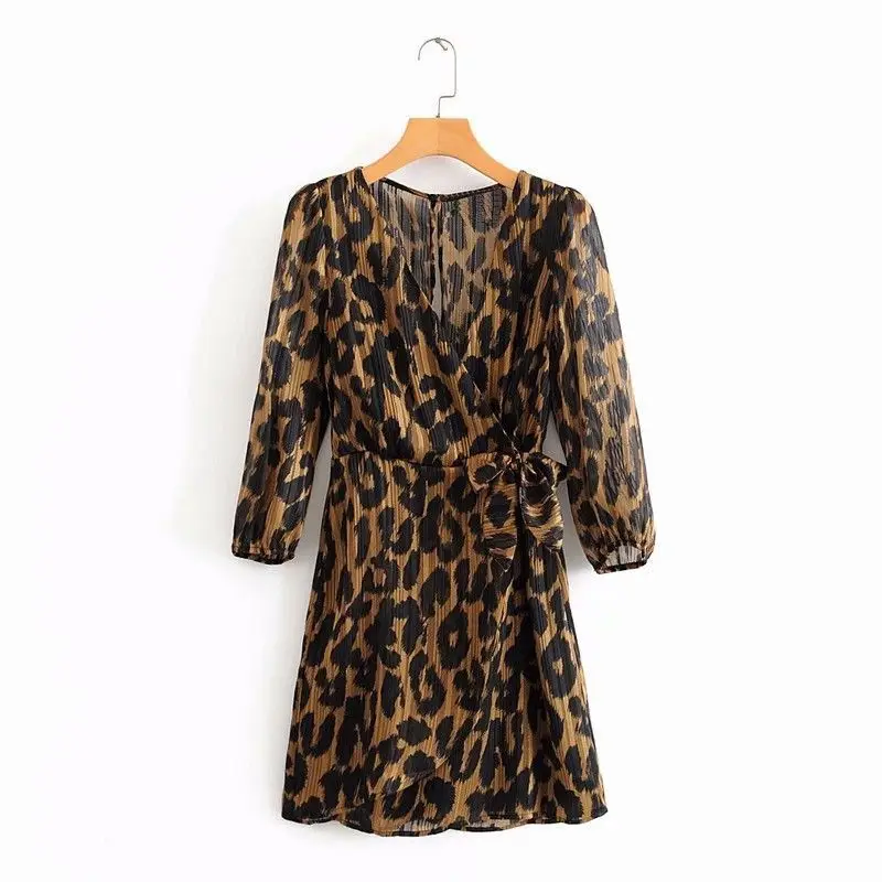 women leopard print chic wrap dress back zipper long sleeve animal pattern female casual A line dresses vestidos | Женская одежда