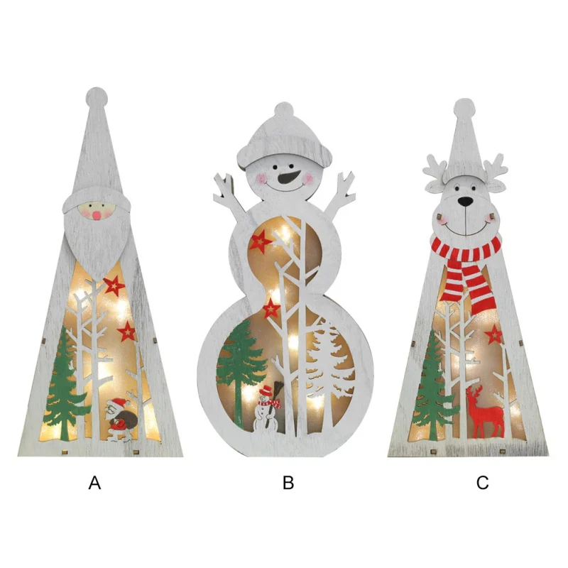 New Year Christmas Decoration Crafts Color Painted LED Light Up Wooden Tabletop Ornaments Battery Not Icnluded H