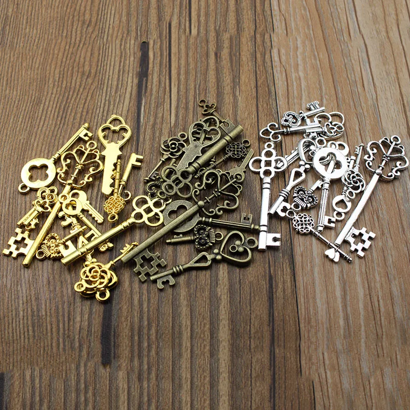 26pcslotVintageSilverGoldMetalMixedKeyCharmsforJewelryMaking